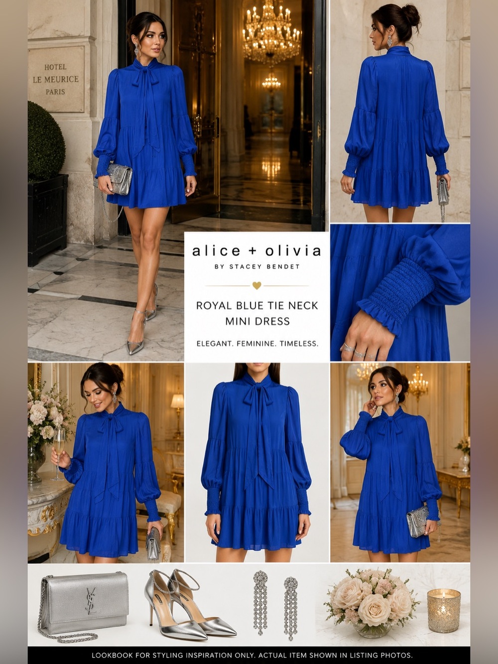 Alice + Olivia Karena Bow Neck Tiered Babydoll Dress Royal Blue M